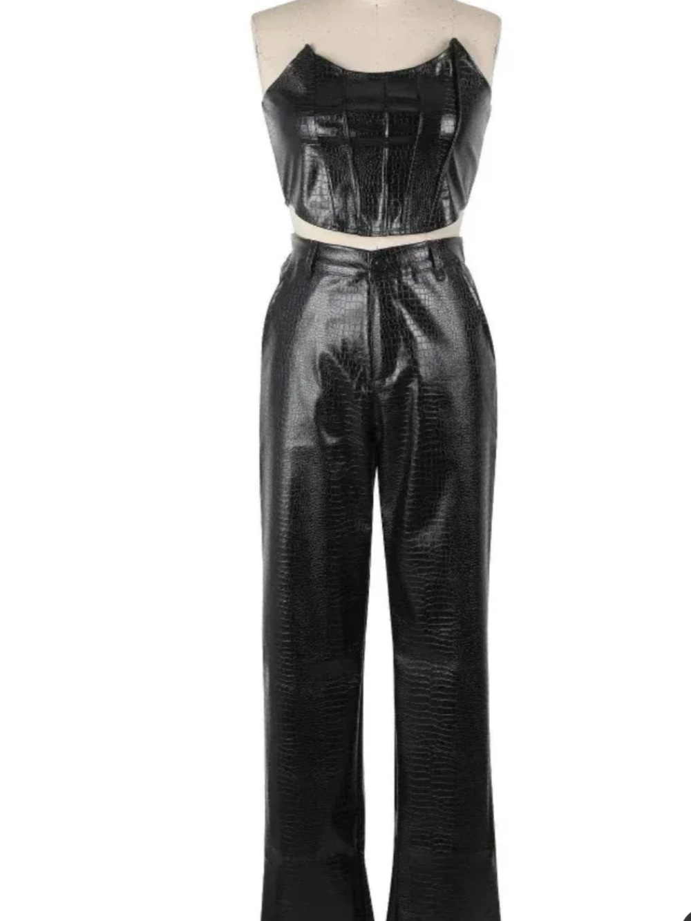 Black Faux Leather Sleeveless Crop Top & High-Waist Pants Set